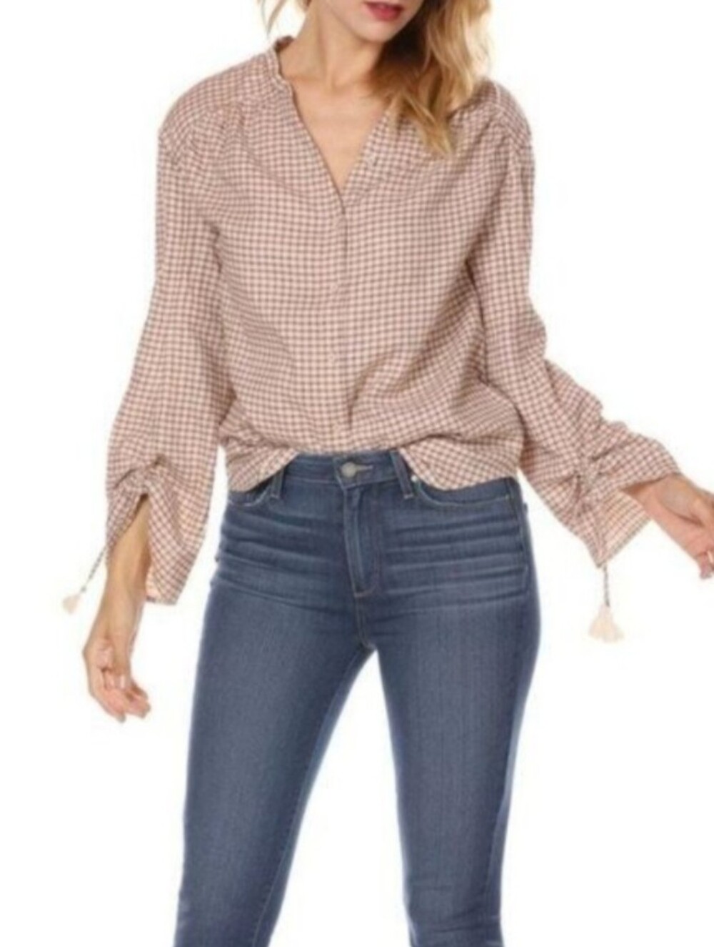 PAIGE Torin Check Blouse Long Ruched Bell Sleeves with Tassels Size XL
